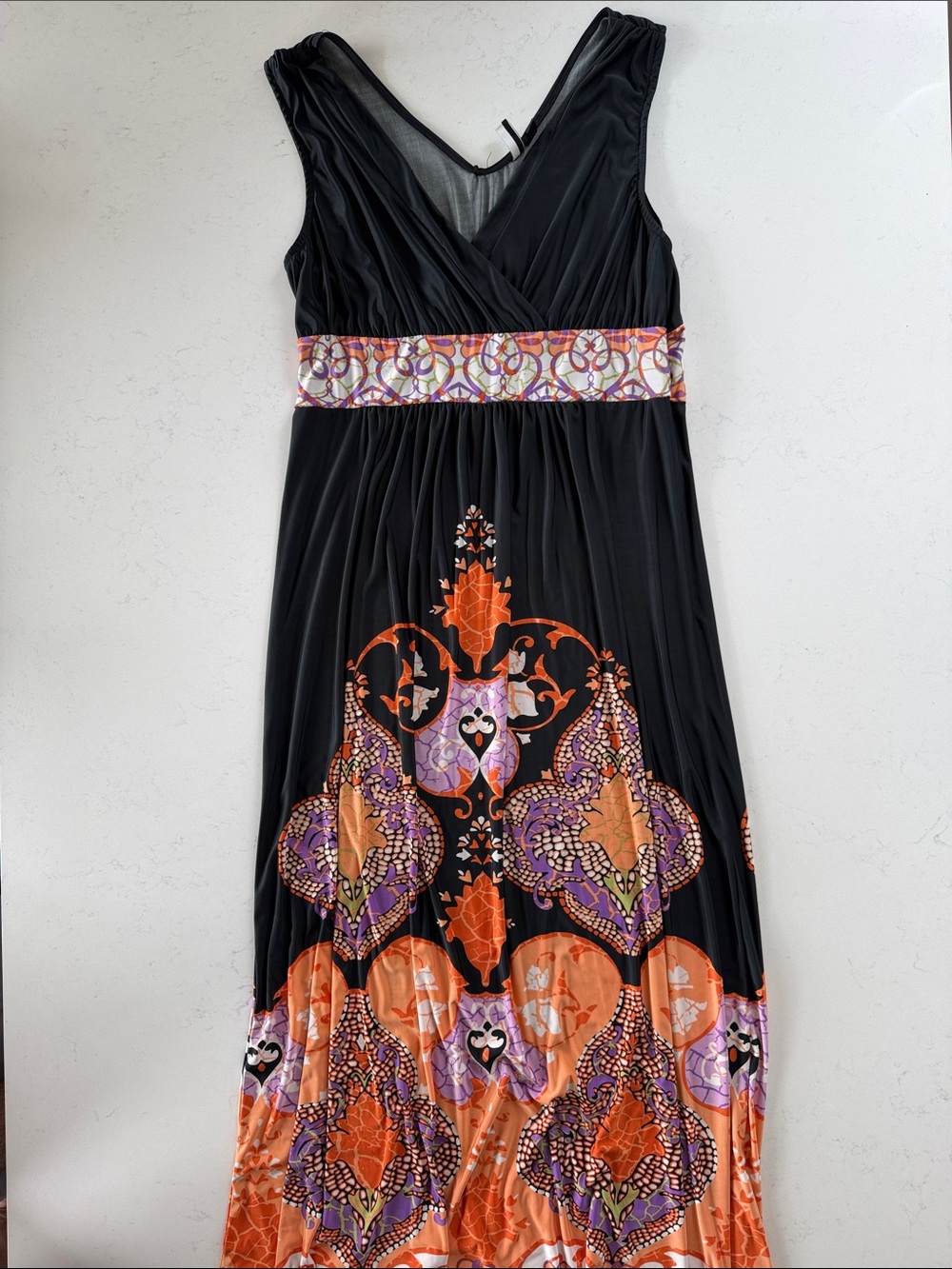 Forever Black Maxi Dress with Orange & Purple Print